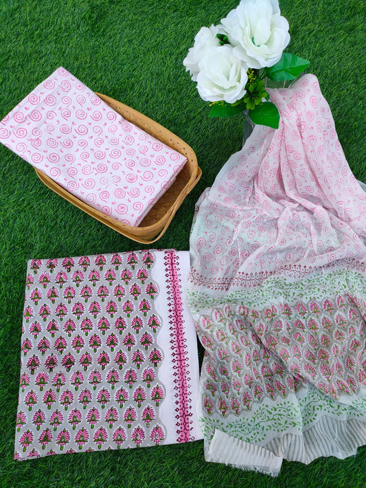 Hand Block Printed Chiffon Dupatta Salwar Suit Set - JBOCF181