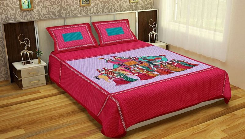 Wedding Scene Print Pink Cotton Double Bedsheet With Pillow Covers