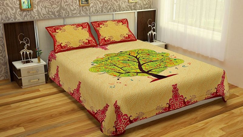Tree Print Cream Color Cotton Double Bedsheet With PIllow Covers