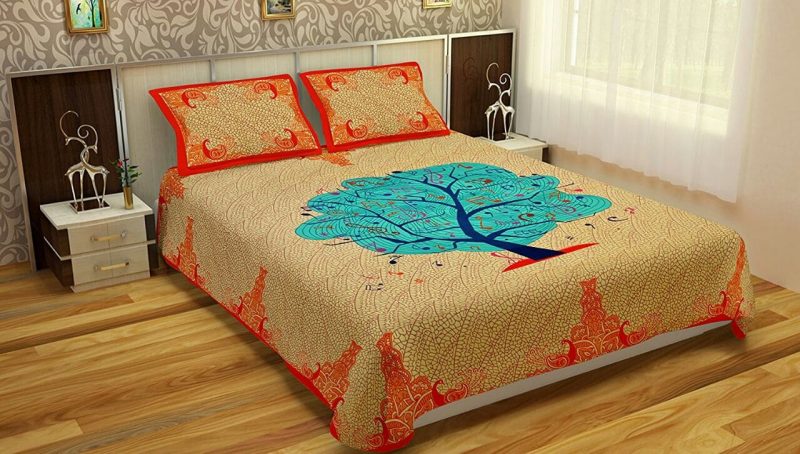Orange Cotton Tree Print Double Bedsheet With Pillow Covers