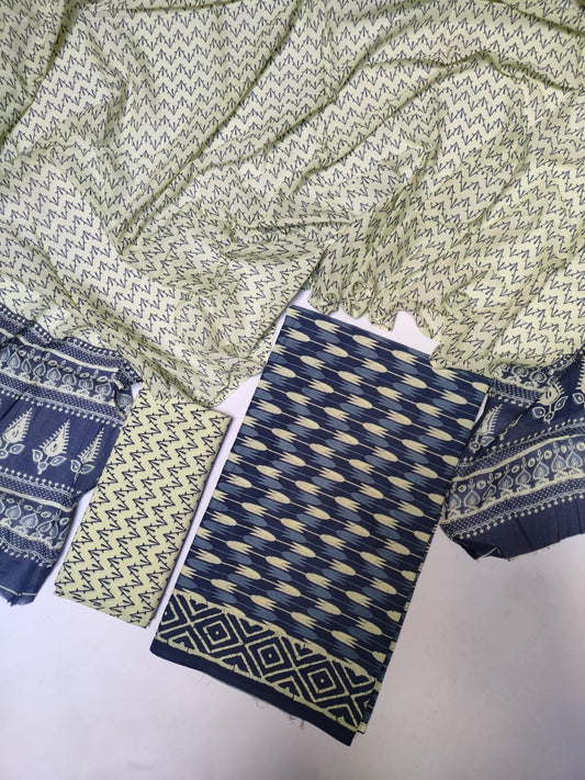 Hand Block Cotton Unstitched Salwar Suit With Cotton/Mulmul Dupatta - JB414