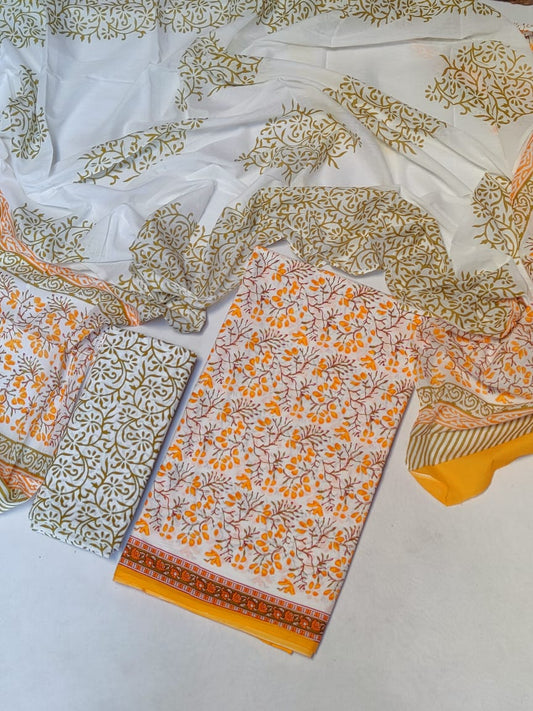 Pure Cotton Hand Block Printed Unstitched Salwar Suit Set With Cotton/Mulmul Dupatta - JB424