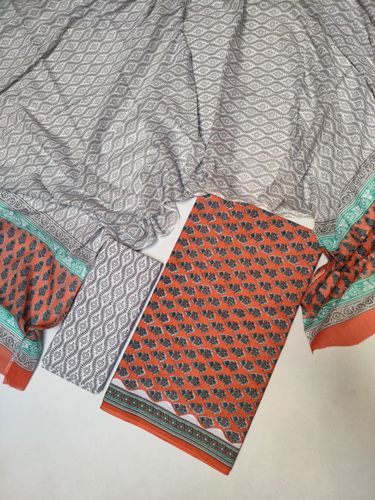 Hand Block Cotton Unstitched Salwar Suit With Cotton/Mulmul Dupatta - JB425