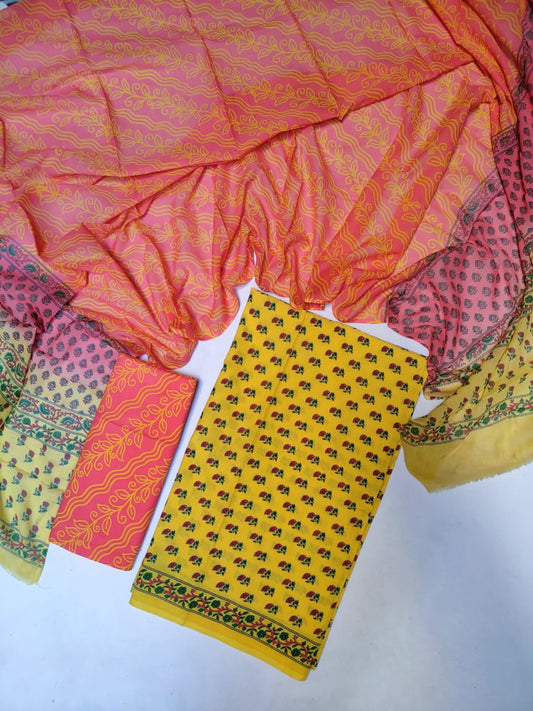 Hand Block Cotton Unstitched Salwar Suit With Cotton/Mulmul Dupatta - JB426