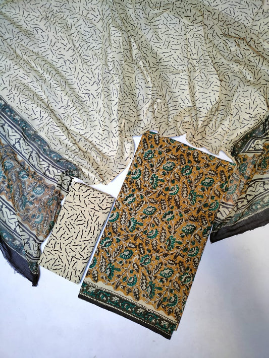 Hand Block Printed Pure Cotton Unstitched Salwar Suit Set With Cotton/Mulmul Dupatta - JB427