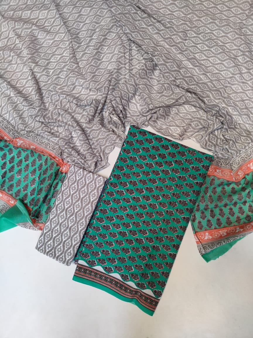 Pure Cotton Hand Block Printed Unstitched Salwar Suit Set With Cotton/Mulmul Dupatta - JB428