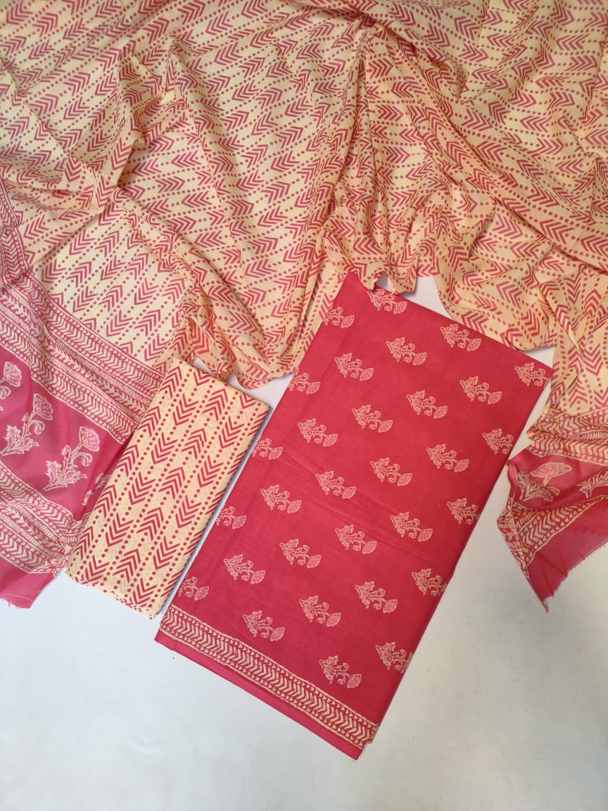 Hand Block Cotton Unstitched Salwar Suit With Cotton/Mulmul Dupatta - JB429