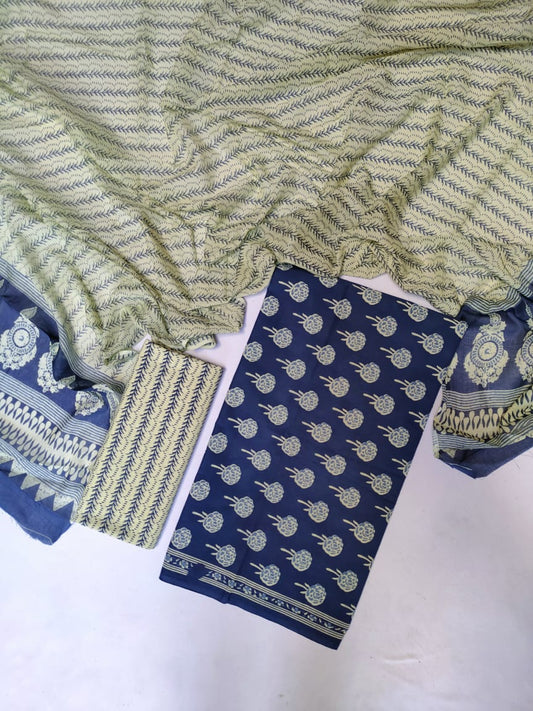 Hand Block Cotton Unstitched Salwar Suit With Cotton/Mulmul Dupatta - JB431