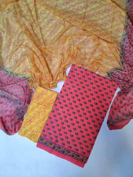 Hand Block Cotton Unstitched Salwar Suit With Cotton/Mulmul Dupatta - JB432