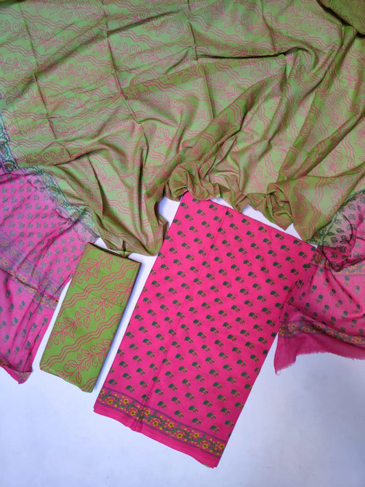 Pure Cotton Hand Block Printed Unstitched Salwar Suit Set With Cotton/Mulmul Dupatta - JB434