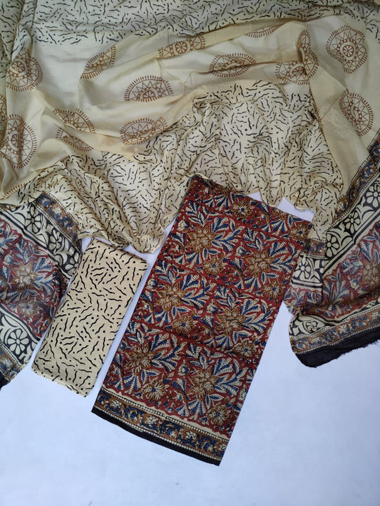 Pure Cotton Hand Block Printed Unstitched Salwar Suit Set With Cotton/Mulmul Dupatta - JB436