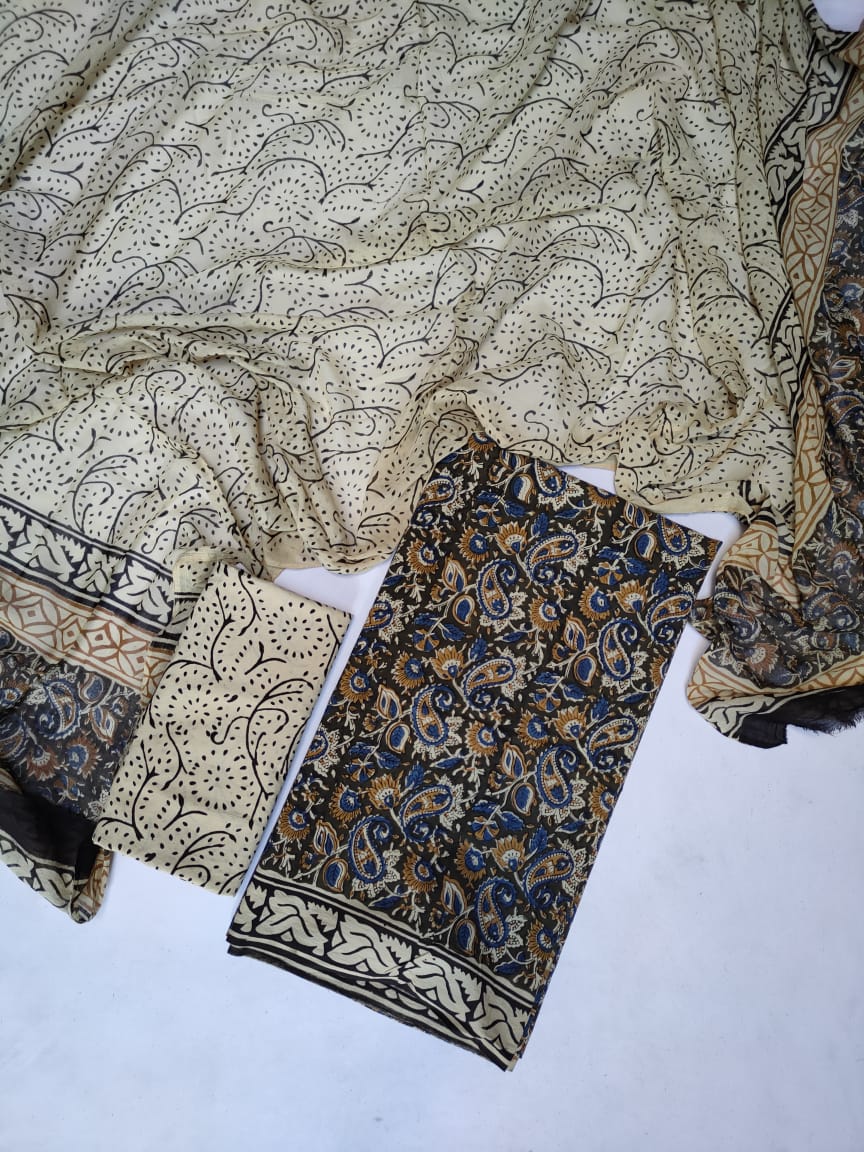 Hand Block Cotton Unstitched Salwar Suit With Cotton/Mulmul Dupatta - JB438