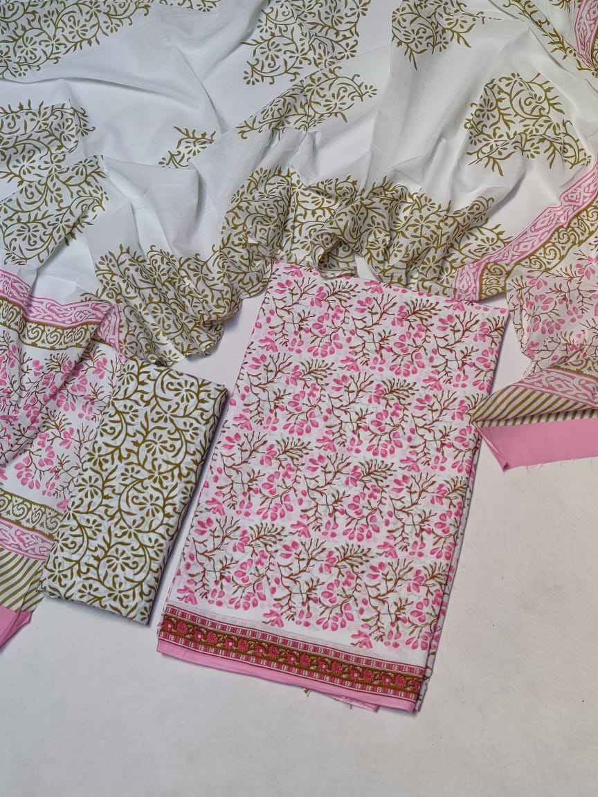 Pure Cotton Hand Block Printed Unstitched Salwar Suit Set With Cotton/Mulmul Dupatta - JB440