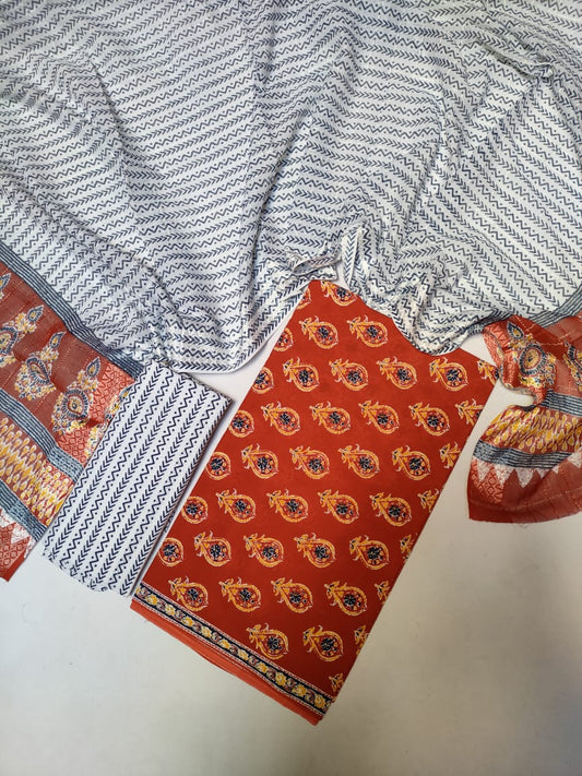Hand Block Cotton Unstitched Salwar Suit With Cotton/Mulmul Dupatta - JB441