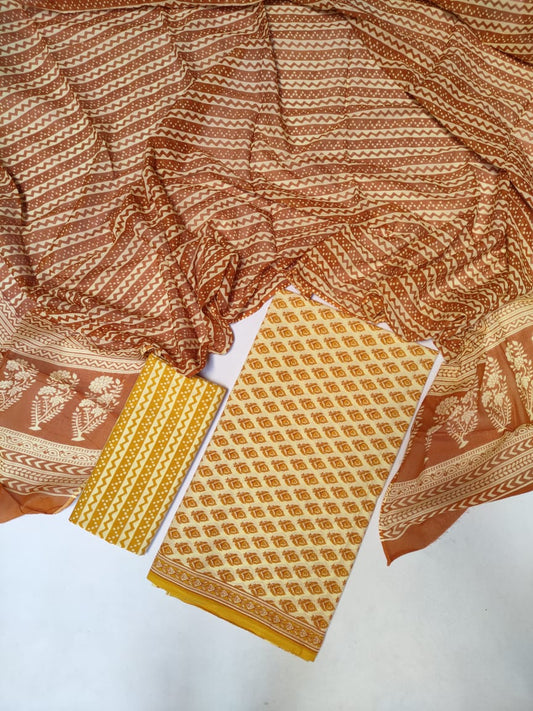 Pure Cotton Hand Block Printed Unstitched Salwar Suit Set With Cotton/Mulmul Dupatta - JB416