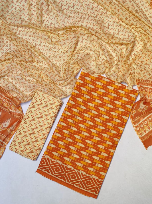 Hand Block Cotton Unstitched Salwar Suit With Cotton/Mulmul Dupatta - JB417