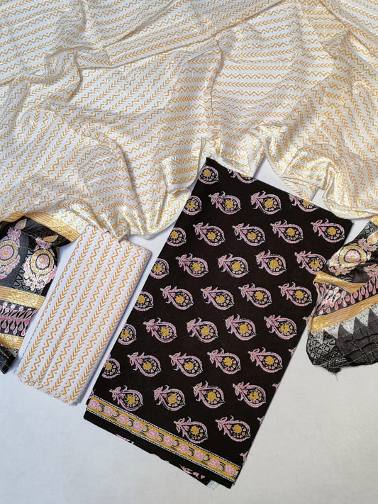 Pure Cotton Hand Block Printed Unstitched Salwar Suit Set With Cotton/Mulmul Dupatta - JB418