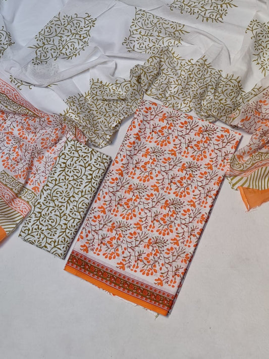 Hand Block Cotton Unstitched Salwar Suit With Cotton/Mulmul Dupatta - JB419