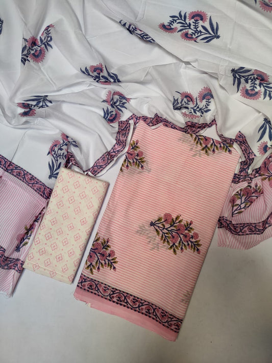 Hand Block Cotton Unstitched Salwar Suit With Cotton/Mulmul Dupatta - JB420