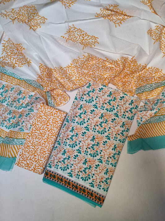 Pure Cotton Hand Block Printed Unstitched Salwar Suit Set With Cotton/Mulmul Dupatta - JB422