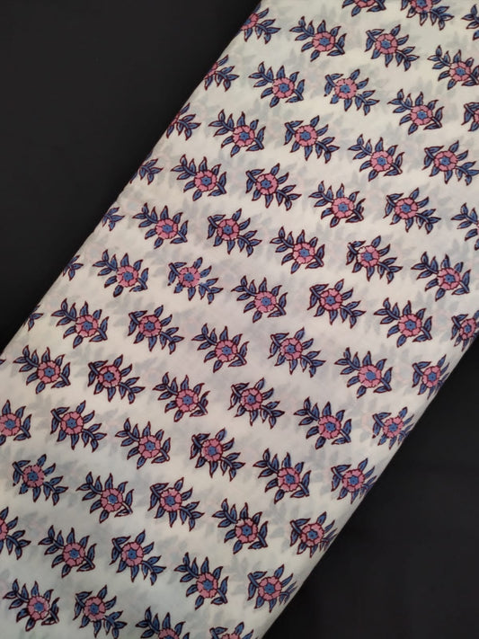 Hand Block Printed Pure Cotton Fabric With White Base In Running Length - JBRH200