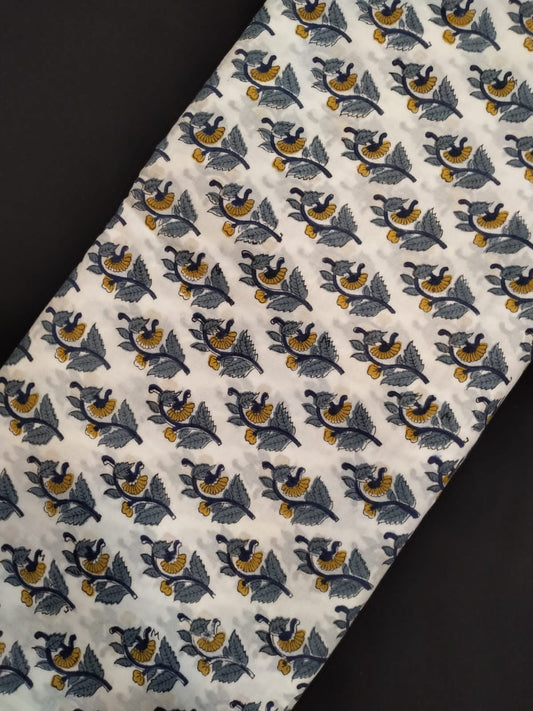 Hand Block Printed Pure Cotton Fabric With White Base In Running Length - JBRH204