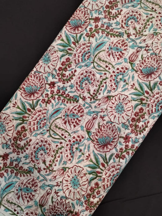 Pure Cotton Hand Block Printed Fabric With White Base - JBRH206