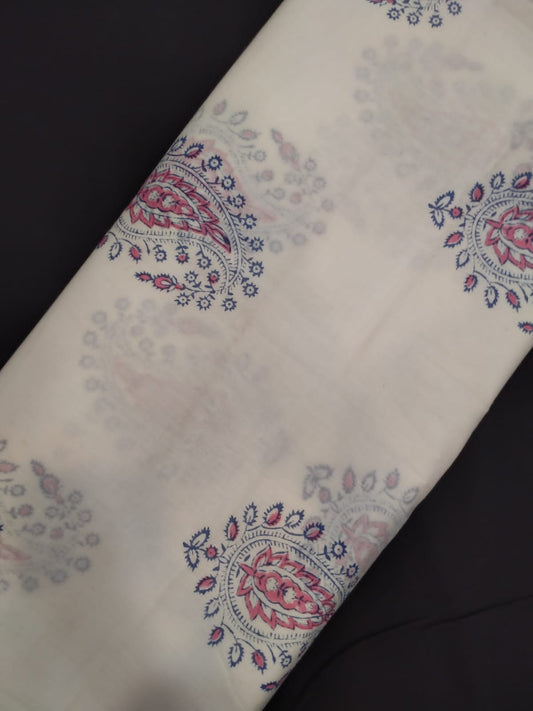Hand Block Printed Pure Cotton Fabric With White Base In Running Length - JBRH208