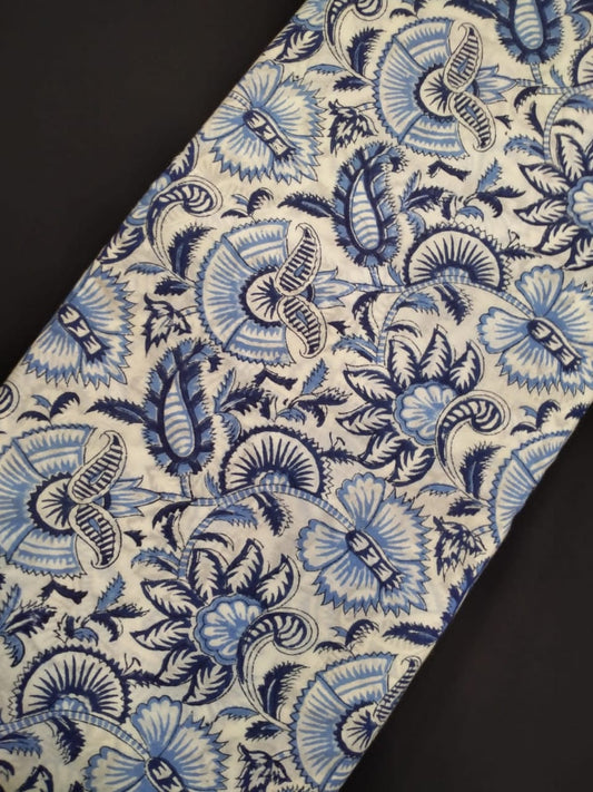 White Base Cotton Hand Block Printed Fabric In Running Length - JBRH209
