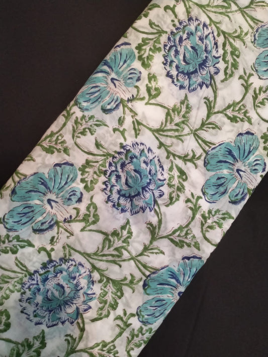 Hand Block Printed Pure Cotton Fabric With White Base In Running Length - JBRH212