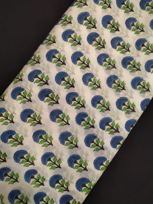 White Base Cotton Hand Block Printed Fabric In Running Length - JBRH213
