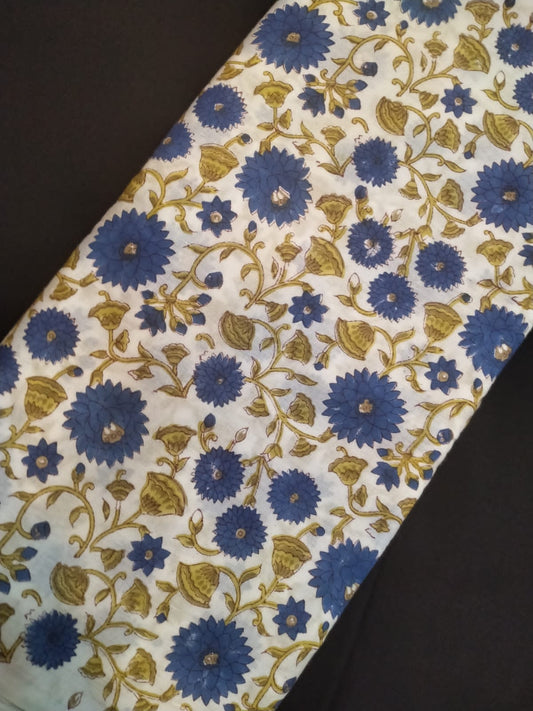 White Base Cotton Hand Block Printed Fabric In Running Length - JBRH217