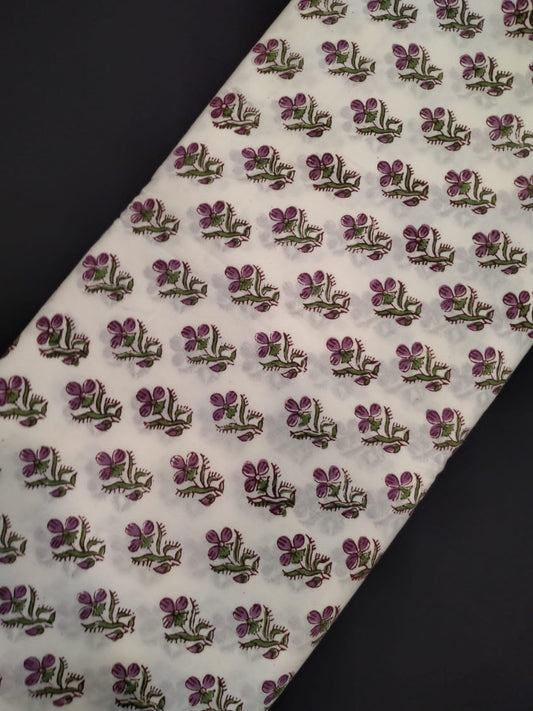 Hand Block Printed Pure Cotton Fabric With White Base In Running Length - JBRH220