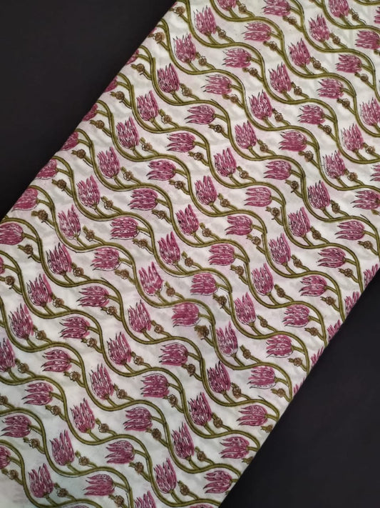 White Base Cotton Hand Block Printed Fabric In Running Length - JBRH221