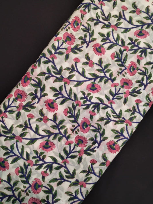White Base Cotton Hand Block Printed Fabric In Running Length - JBRH225