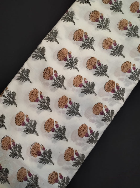White Base Cotton Hand Block Printed Fabric In Running Length - JBRH233