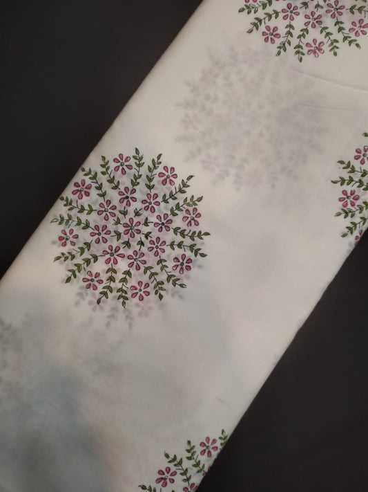 Hand Block Printed Pure Cotton Fabric With White Base In Running Length - JBRH236