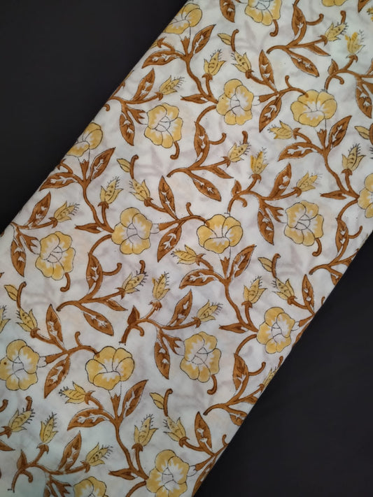 White Base Cotton Hand Block Printed Fabric In Running Length - JBRH237