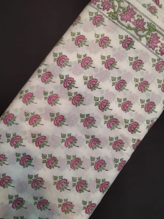 Hand Block Printed Pure Cotton Fabric With White Base In Running Length - JBRH246