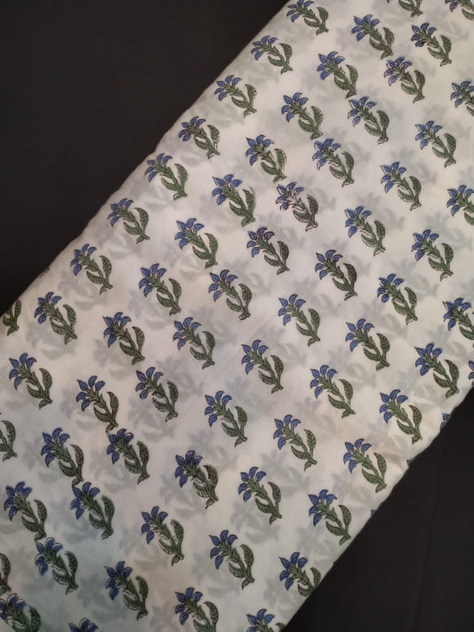 Hand Block Printed Pure Cotton Fabric With White Base In Running Length - JBRH250