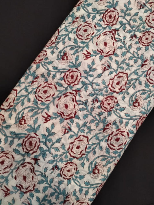 White Base Cotton Hand Block Printed Fabric In Running Length - JBRH251