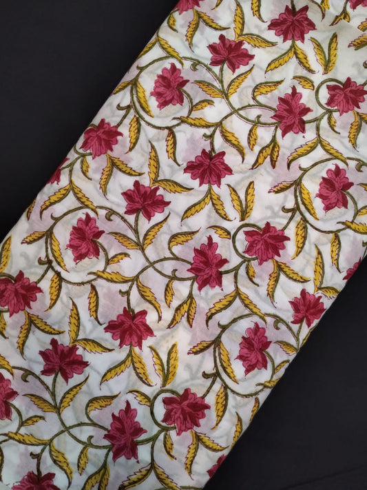 Hand Block Printed Pure Cotton Fabric With White Base In Running Length - JBRH256
