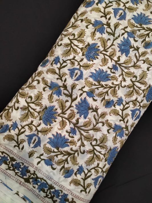 White Base Pure Cotton Hand Block Printed Fabric In Running Length - JBRH257