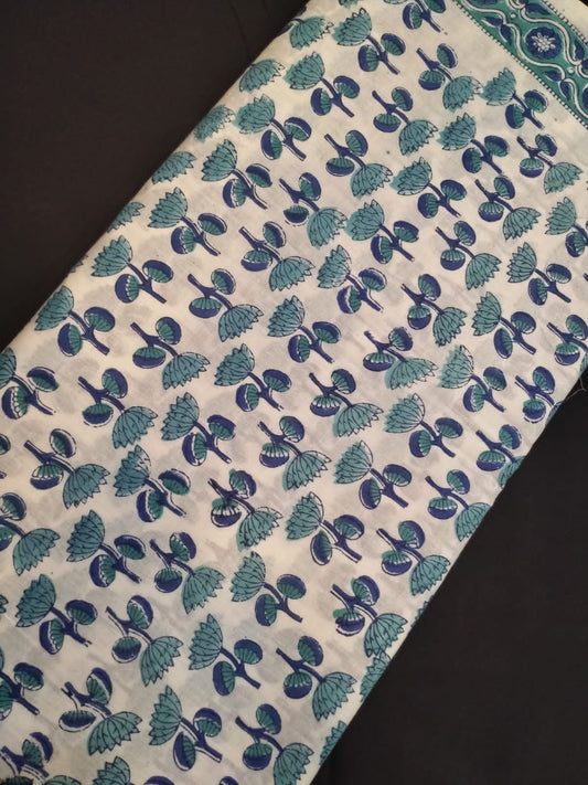 White Base Pure Cotton Hand Block Printed Fabric In Running Length - JBRH141