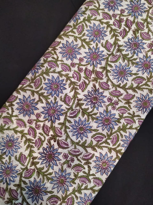 White Base Cotton Hand Block Printed Fabric In Running Length - JBRH143