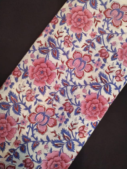 White Base Pure Cotton Hand Block Printed Fabric In Running Length - JBRH145