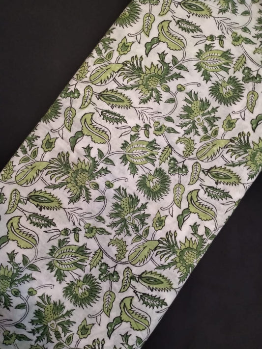 Hand Block Printed Pure Cotton Fabric With White Base In Running Length - JBRH146