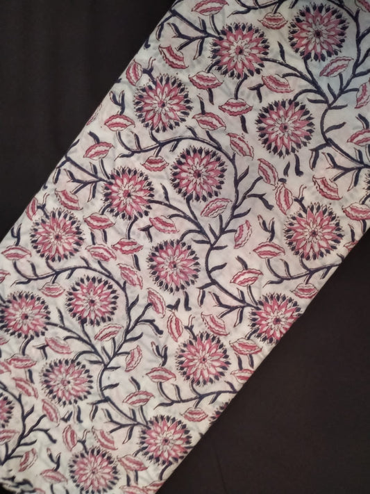 White Base Pure Cotton Hand Block Printed Fabric In Running Length - JBRH149
