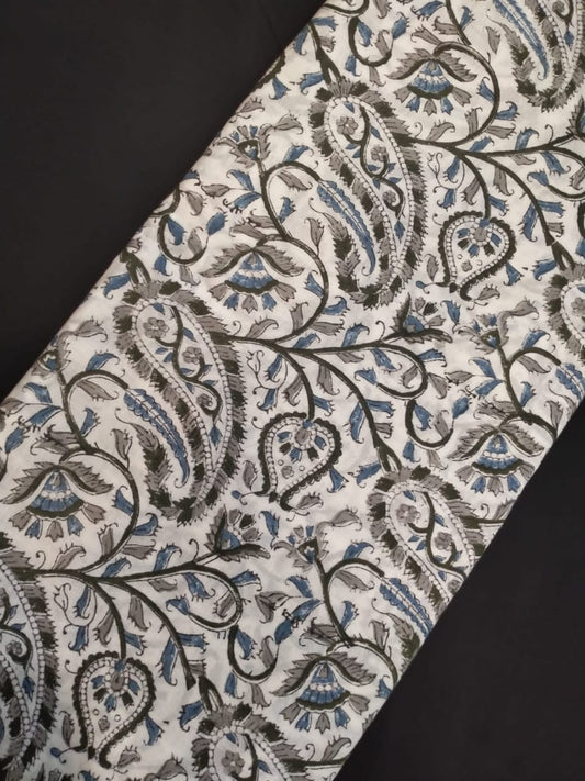 White Base Cotton Hand Block Printed Fabric In Running Length - JBRH151