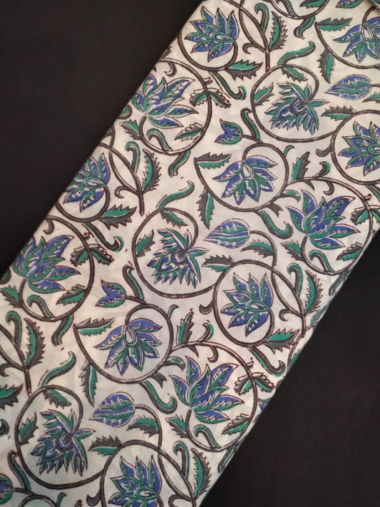 White Base Pure Cotton Hand Block Printed Fabric In Running Length - JBRH153